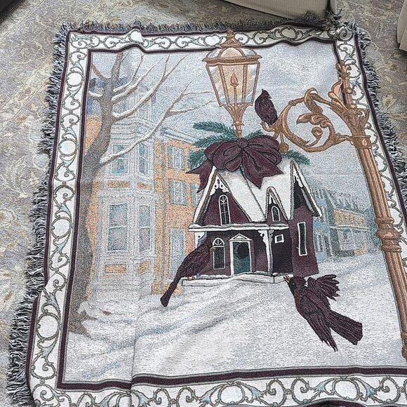 Vintage Christmas Cardinal Winter Village Scene Woven Tapestry Throw Blanket - Picture 1 of 11
